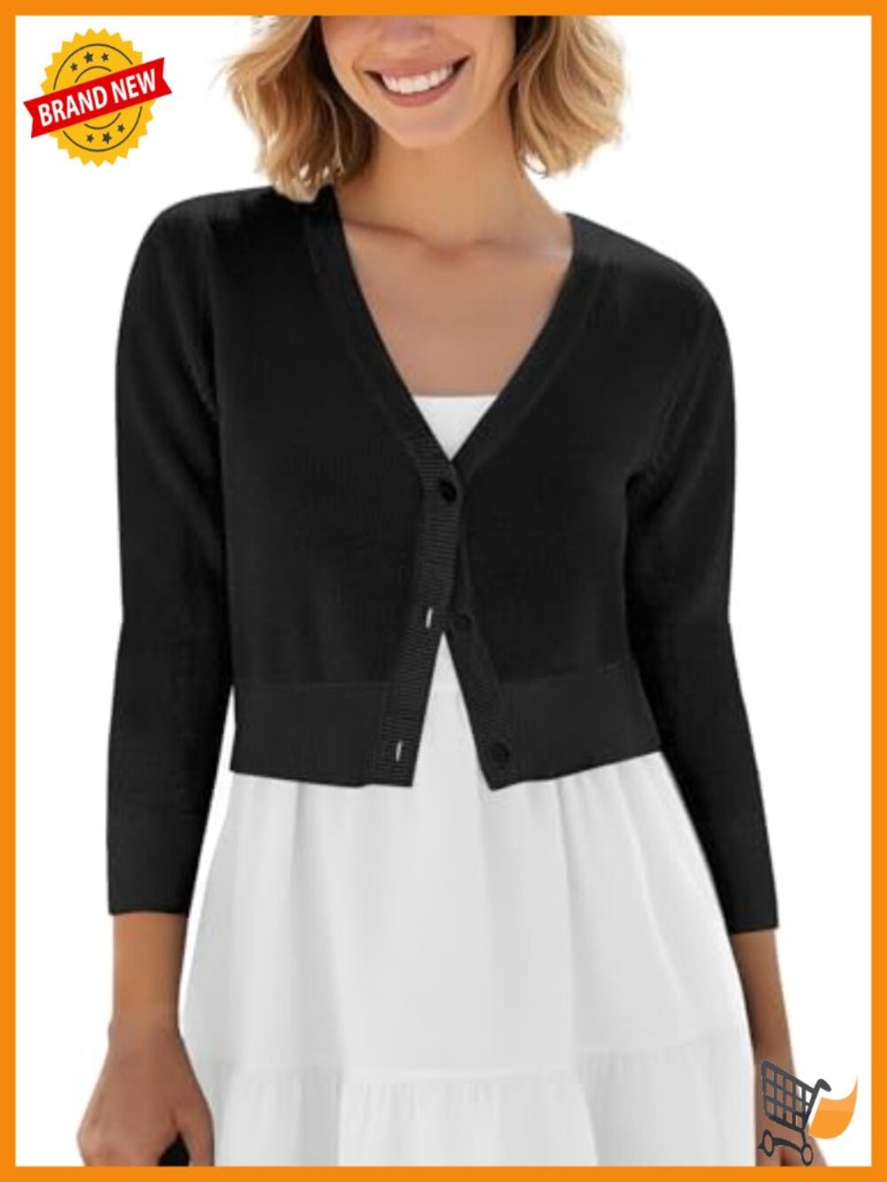 Cropped V-Neck Button Down Knitted Cardigan 3/4 Sleeve
